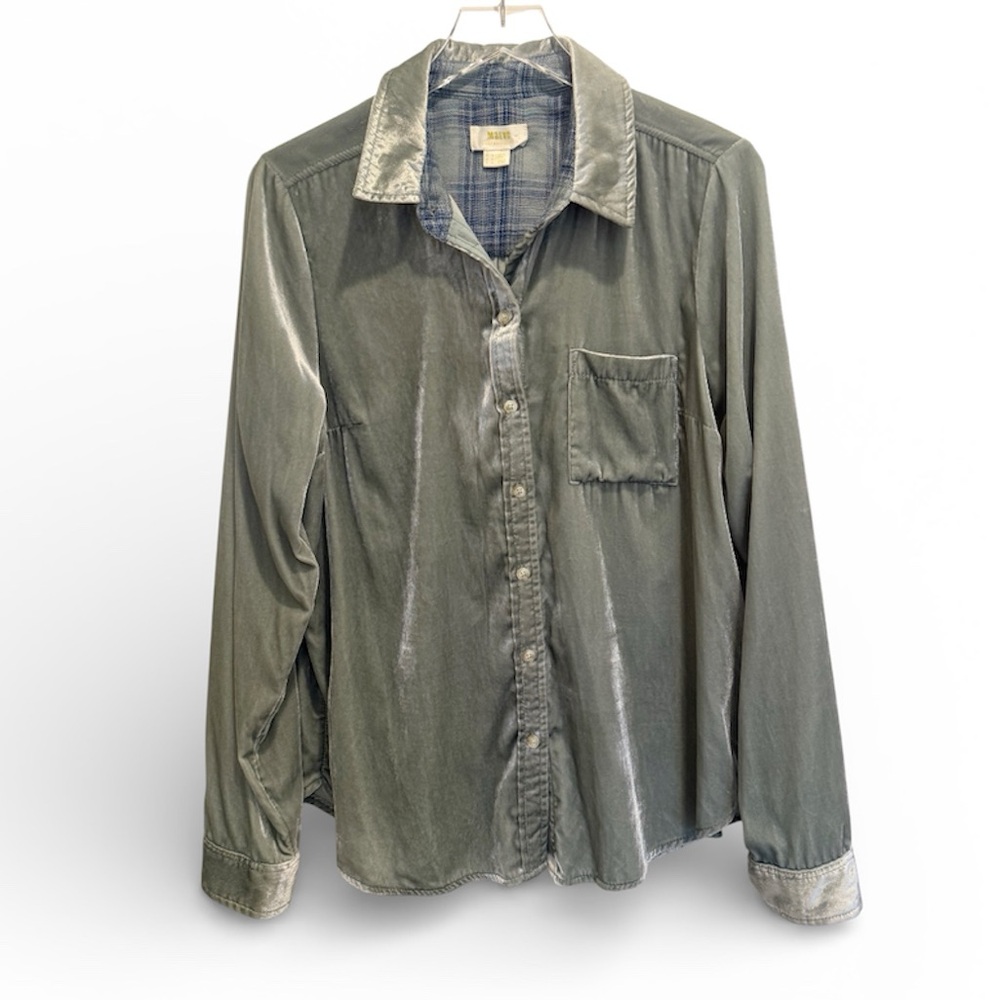 ANTHROPOLOGIE MAEVE Karina Velvet Button Down Top in Sage Green size 10